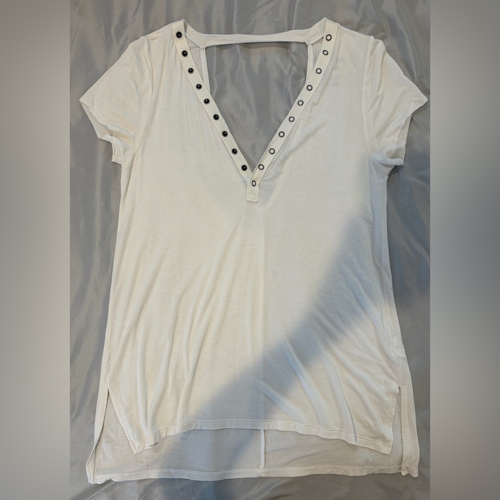 American Eagle Outfitters White Short Sleeve V-Neck Top with Grommet Trim